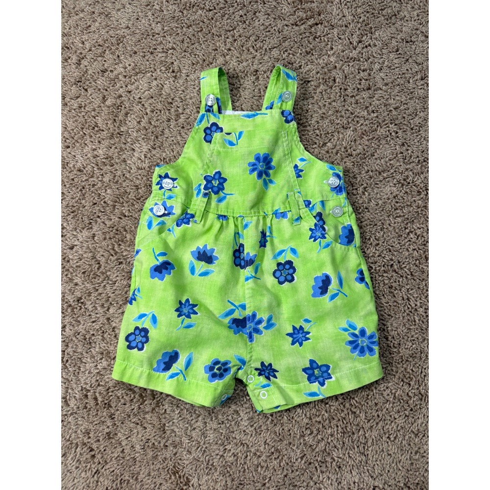 Vintage Lime Green Floral Cotton Shortall Overalls Blue Flowers 12 Months